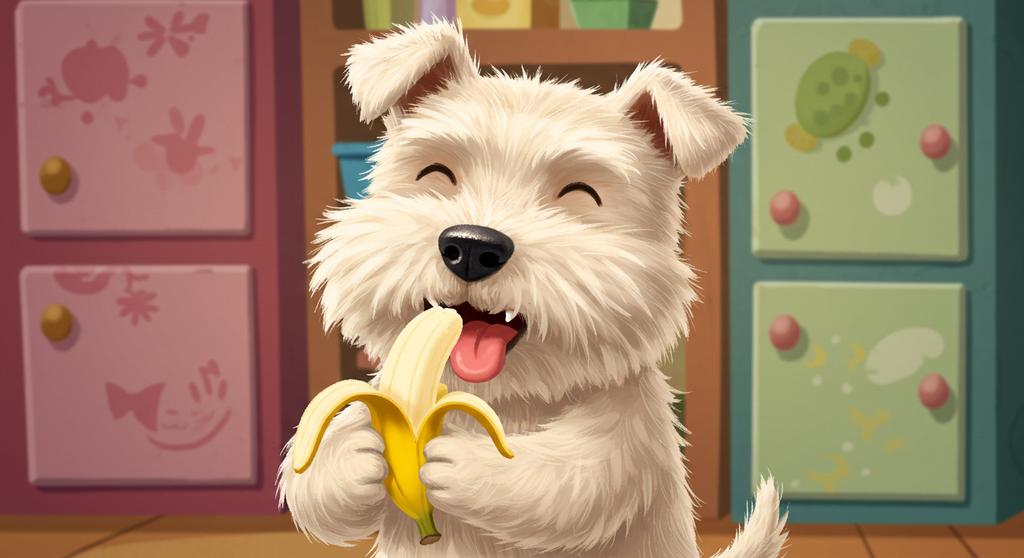 A happy dog enjoying a banana treat