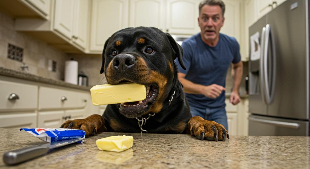 A dog looking curiously at a stick of butter on a kitchen counter