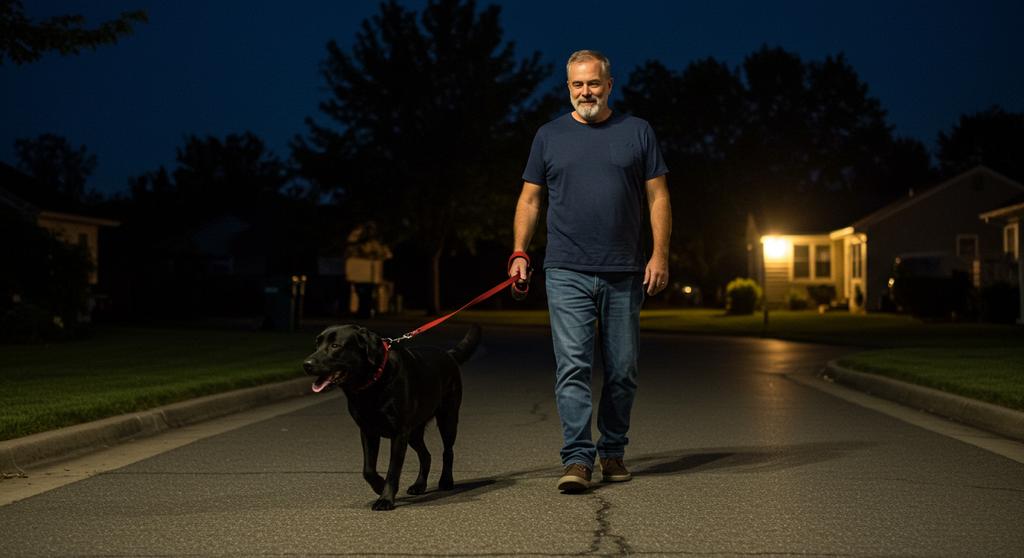 A person walking a dog during sunrise, illustrating the benefits of morning walks.