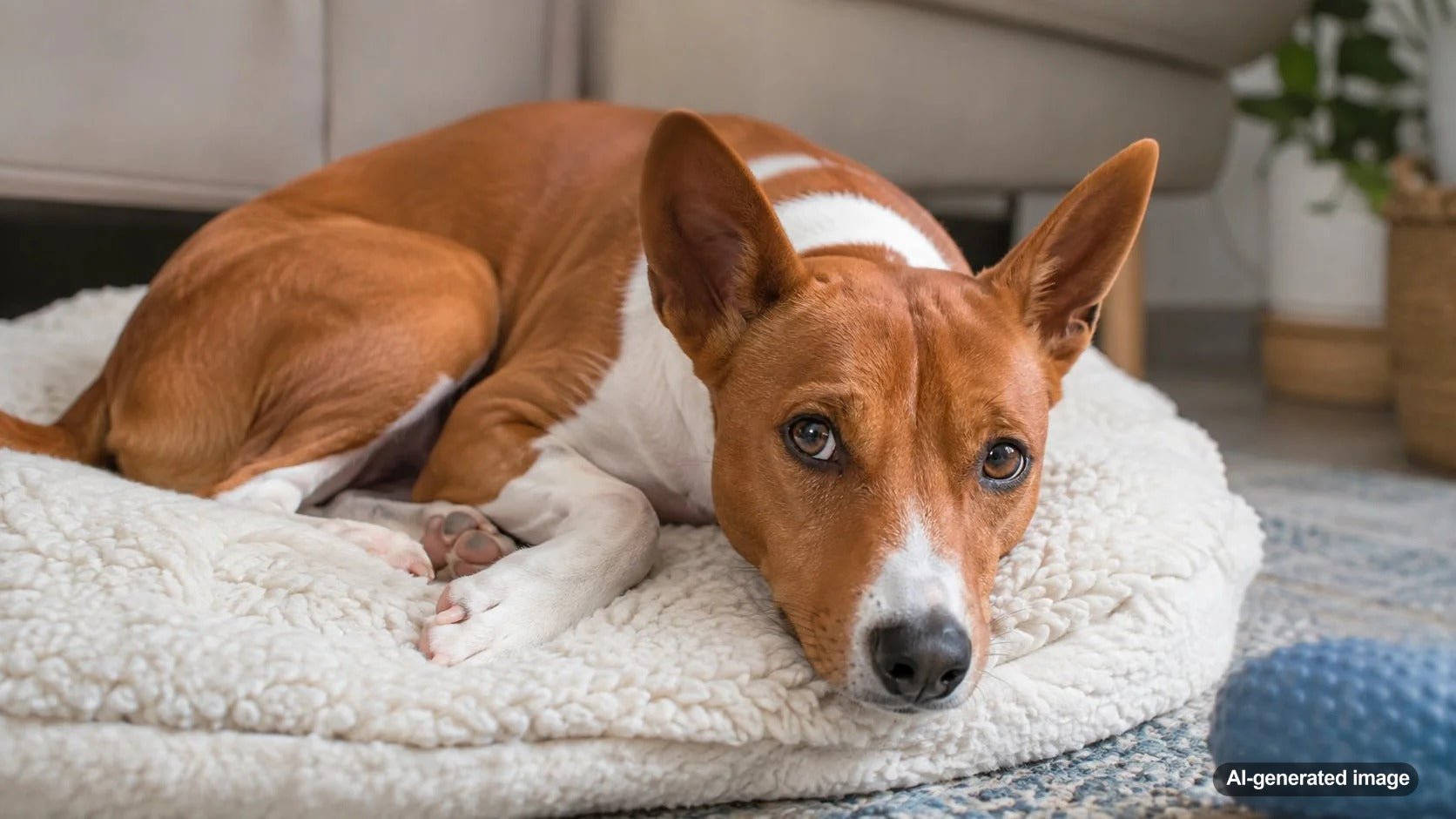 Relaxed dog resting comfortably at home while its owner considers whether the dog is bored or simply enjoying downtime