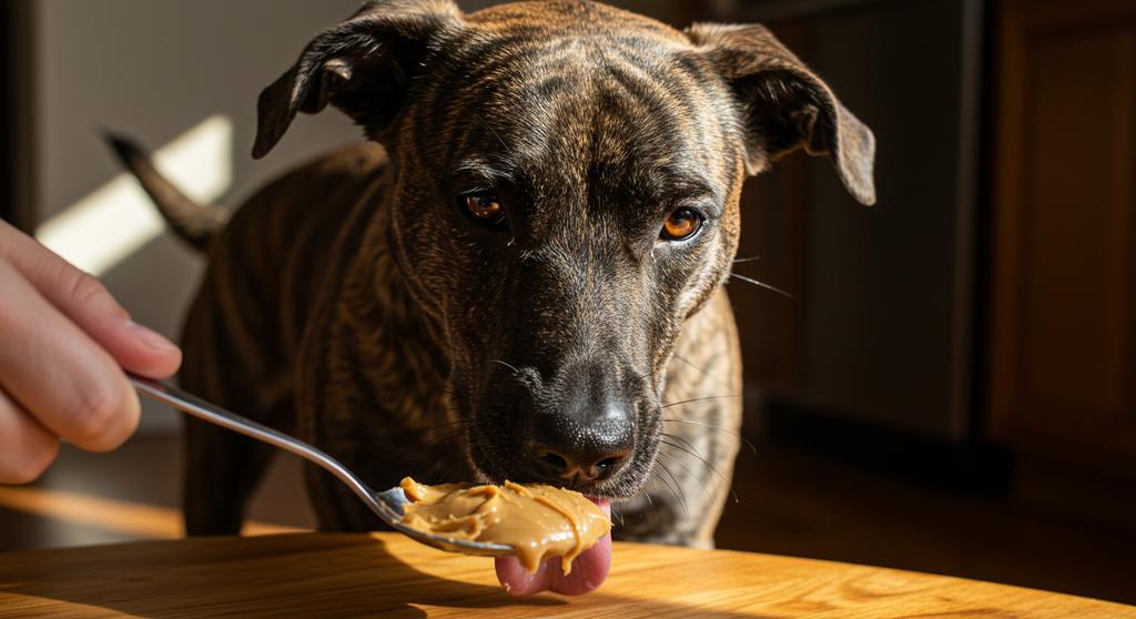 Dog enjoying peanut butter treat