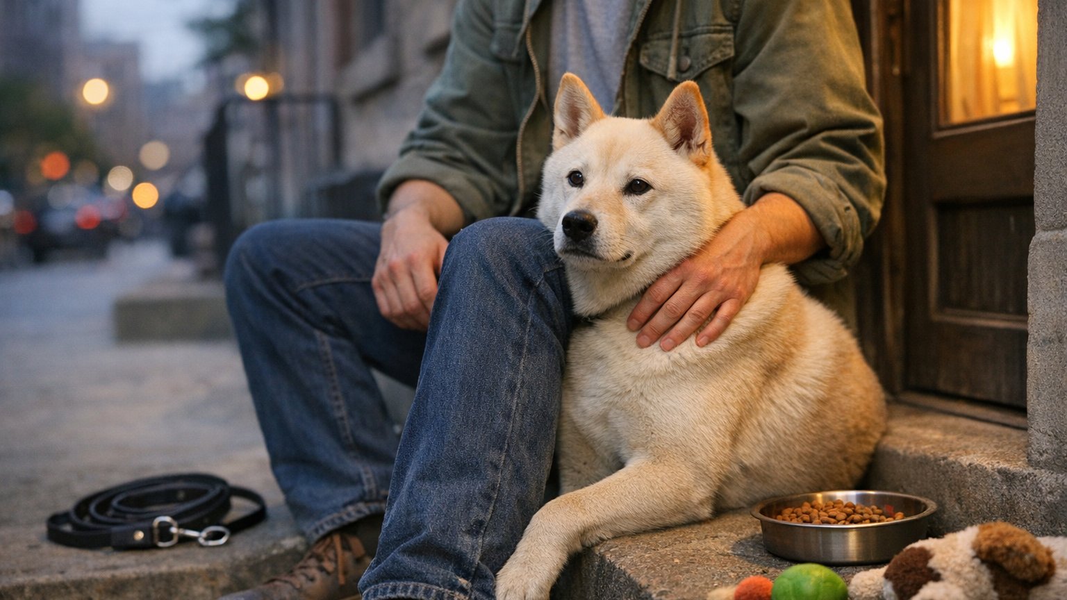 Dog with confident stray personality bonding closely with owner