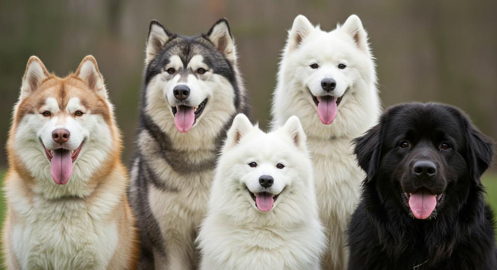 Various dog breeds enjoying snowy landscapes, showcasing their adaptability to cold climates