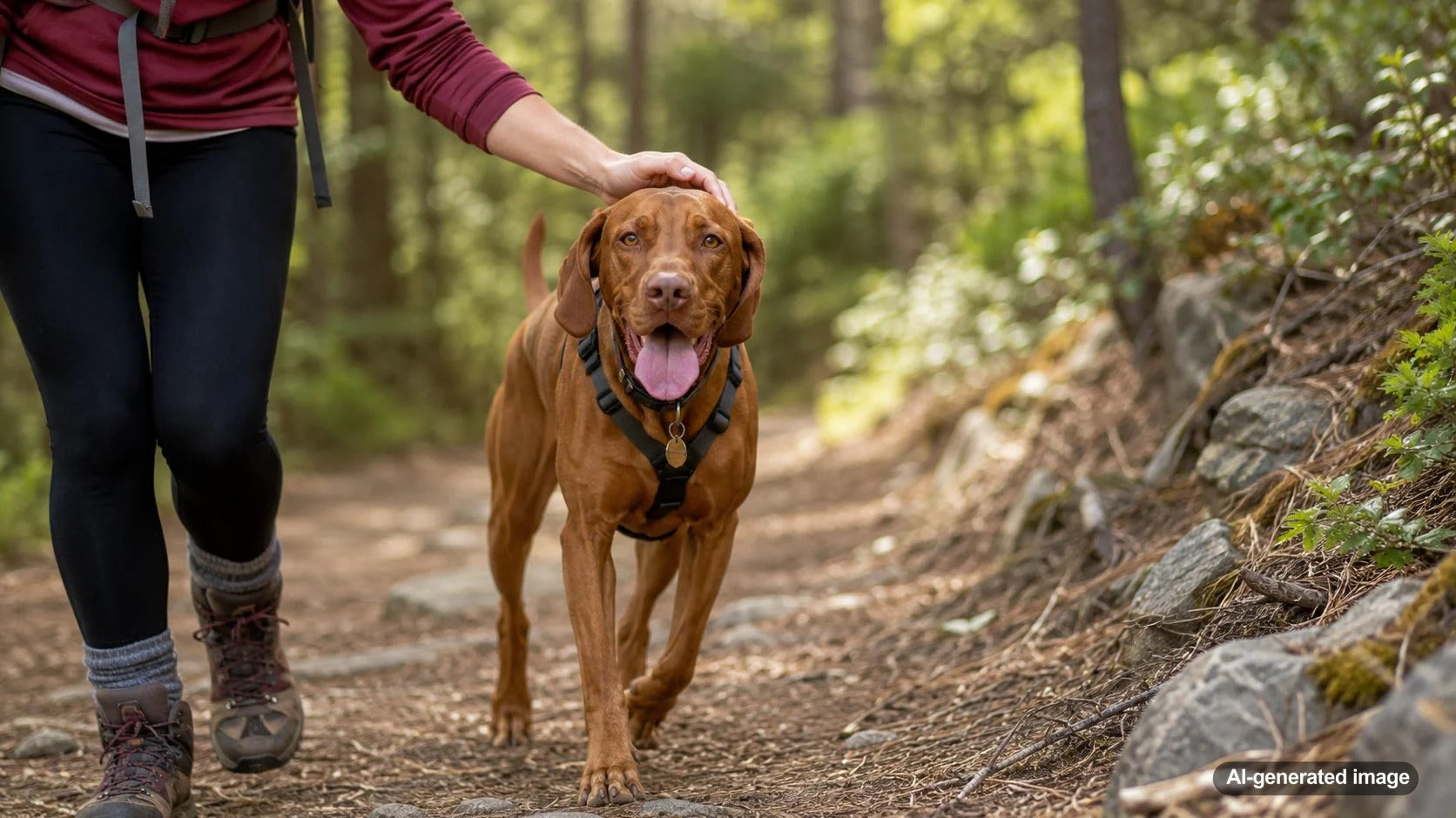 Happy hiking dog on a scenic trail with an outdoor-loving dog parent