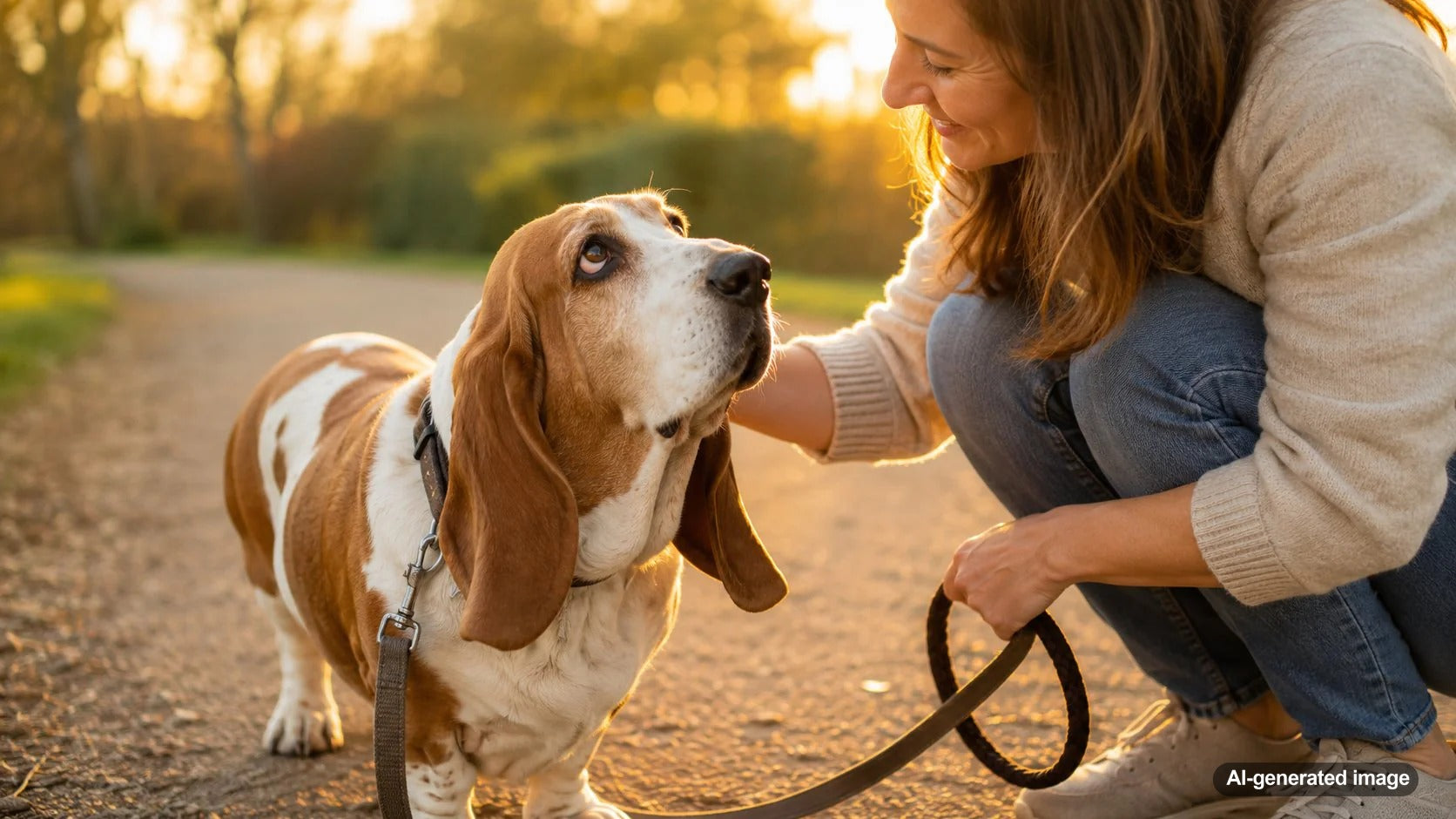 Calm companion dog enjoying a gentle outdoor walk with its owner
