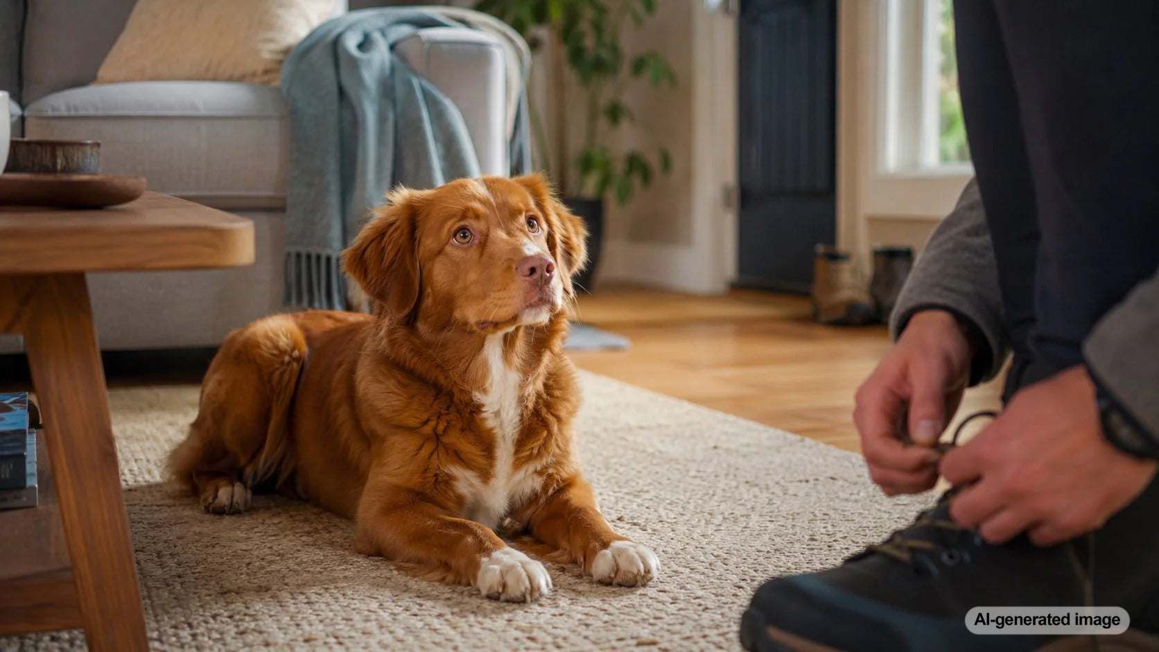 A routine-focused family dog calmly watching daily household activity with enrichment toys nearby
