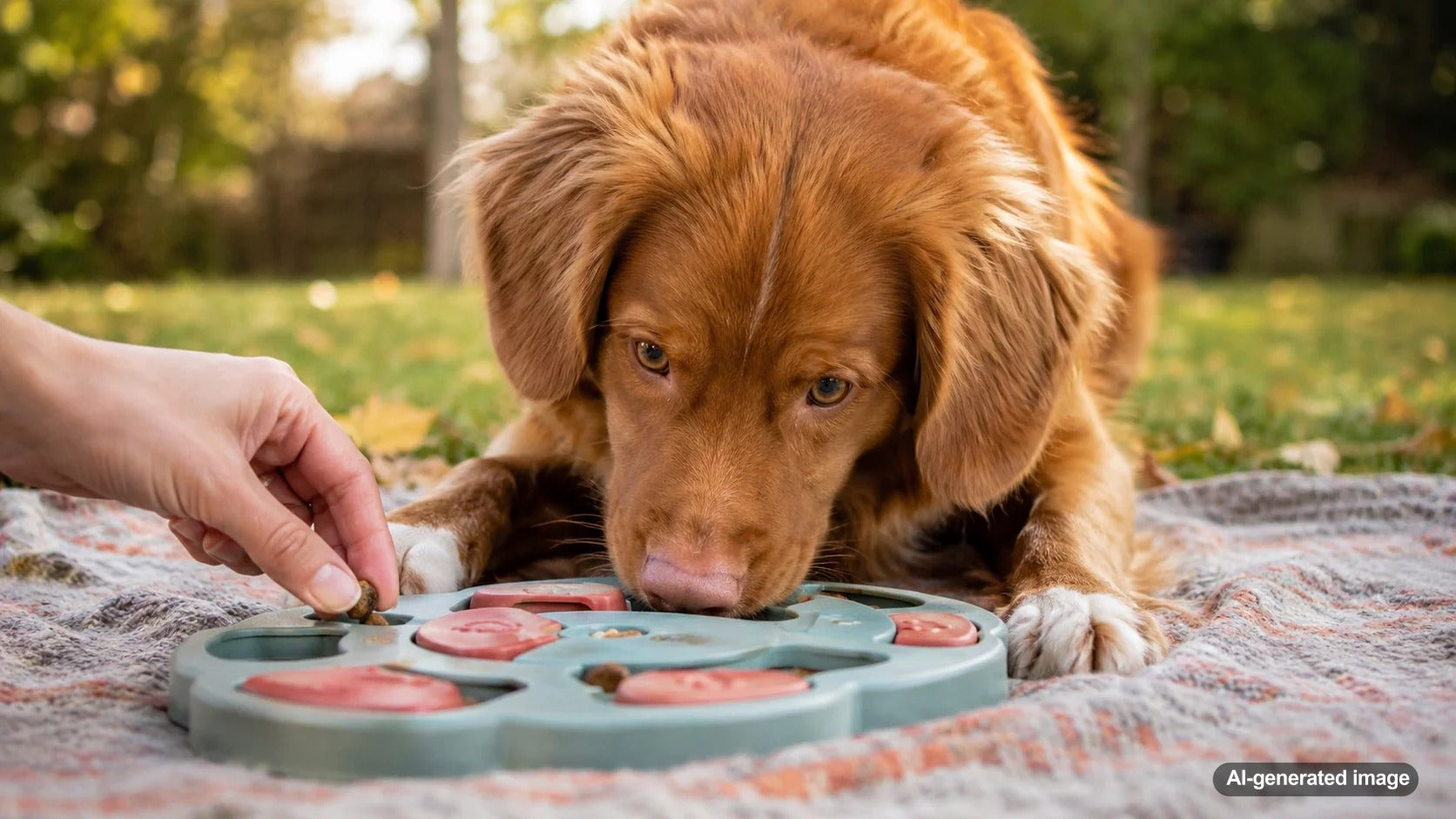 Happy food-loving dog enjoying enrichment with treats and interactive feeding