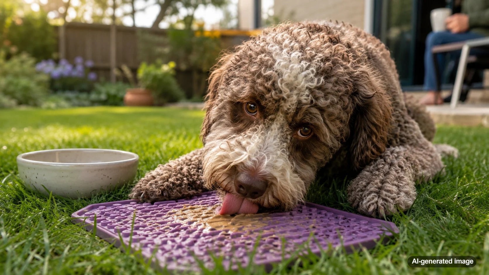Dog enjoying a licking enrichment activity with a Woof lick mat for calming mental stimulation