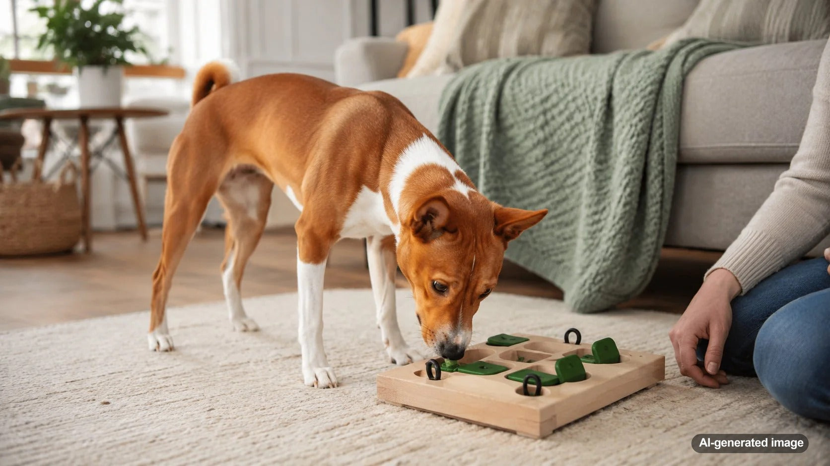 Dog relaxing with calming enrichment to help settle at home