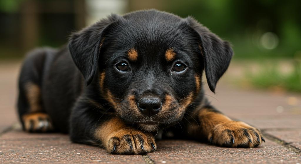 A happy puppy enjoying a nutritious meal from Woof's puppy food collection