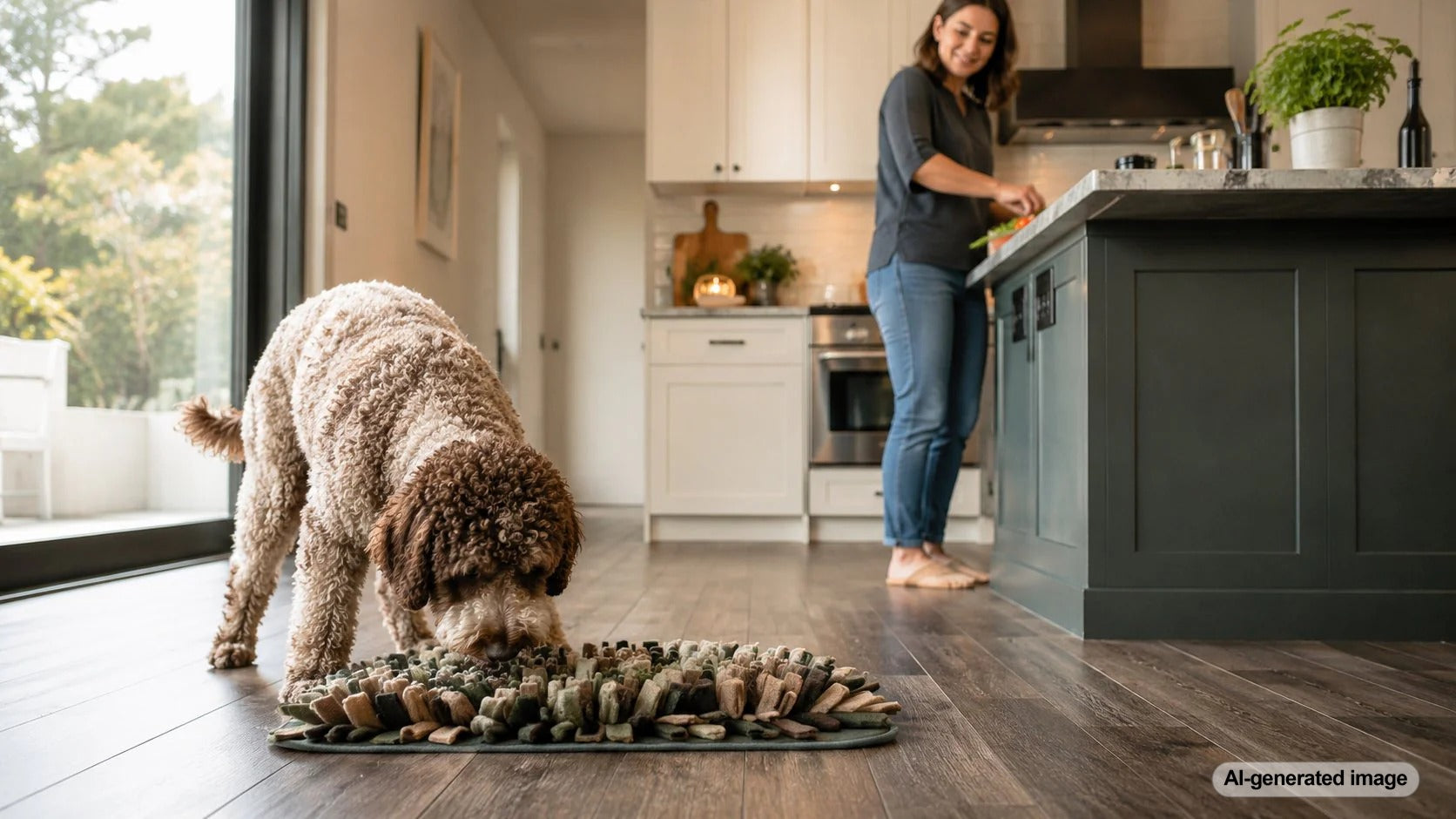 Dog enjoying enrichment in the kitchen while their owner cooks