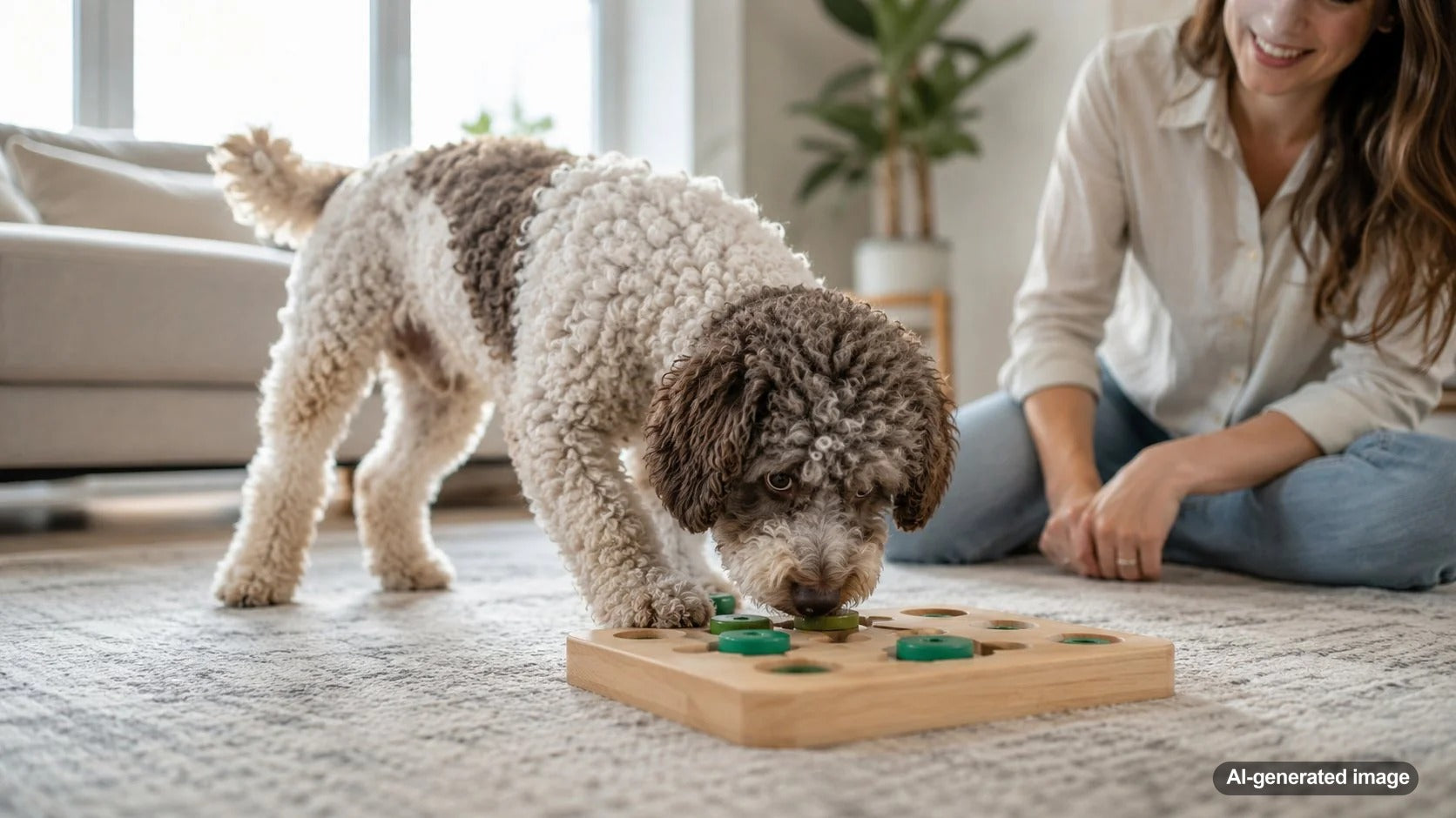 Dog enjoying indoor enrichment play at home with boredom-busting toys and treats