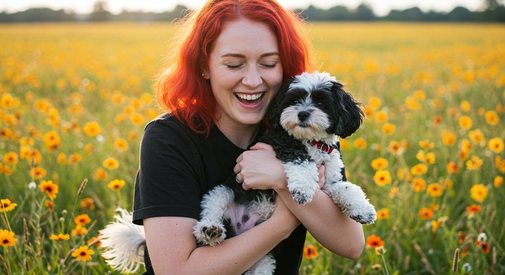 A happy dog being cuddled by its owner, showcasing the bond between them