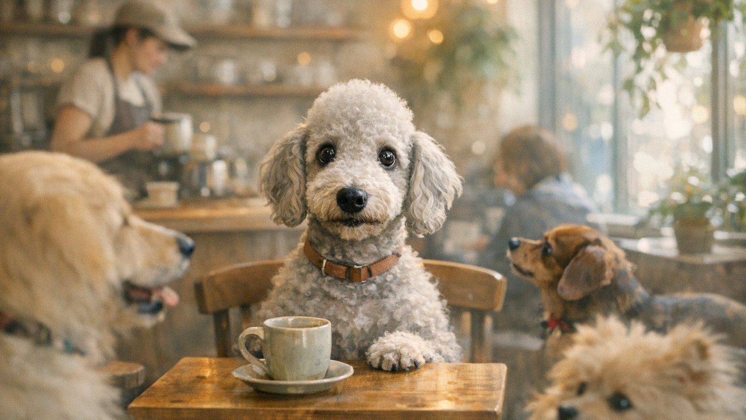 Dogs socializing in a dog cafe environment with toys and calm enrichment options
