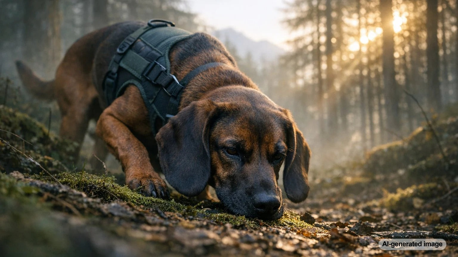 Conservation working dog outdoors using scent detection skills to help protect wildlife and natural habitats