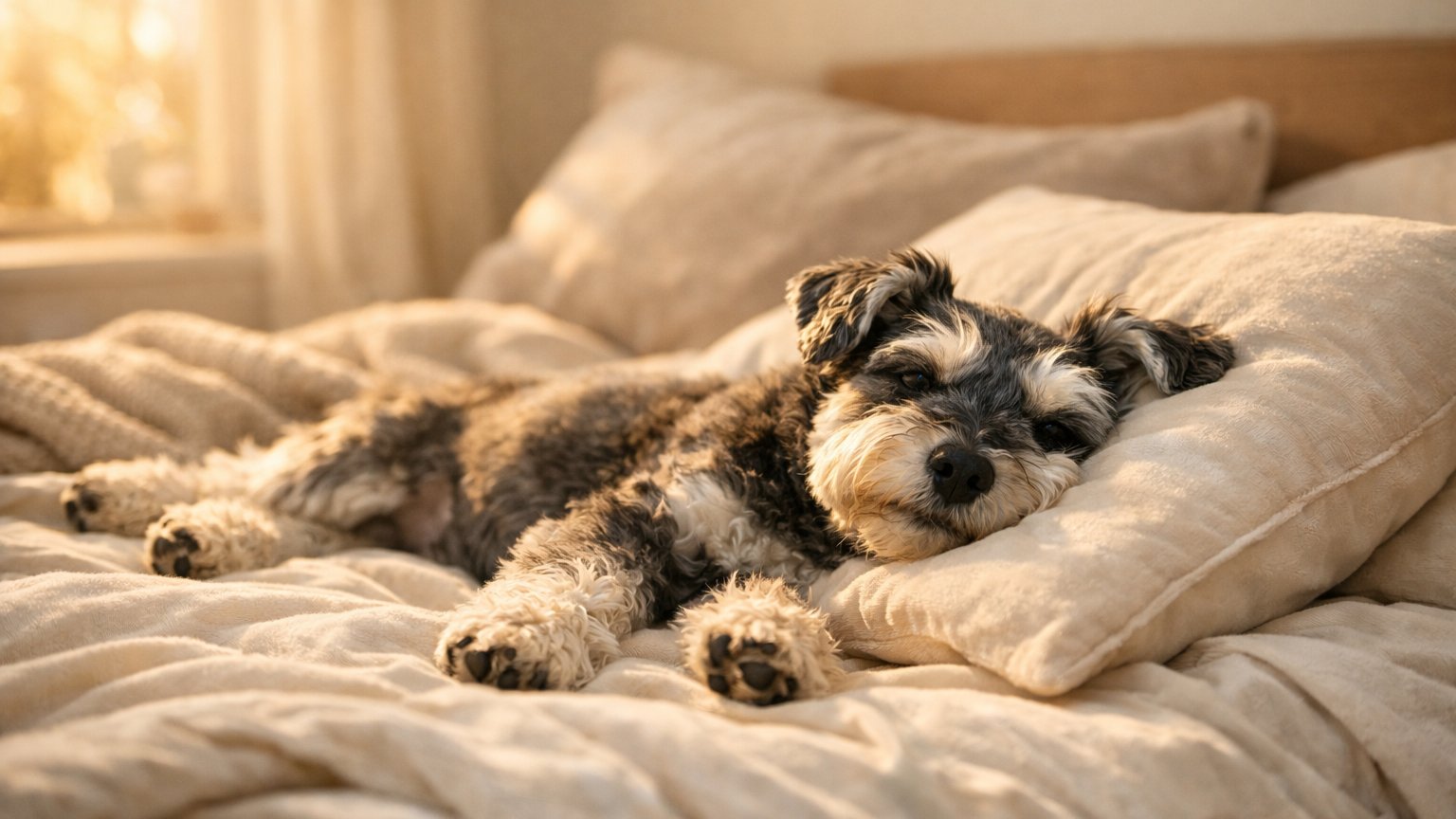 A dog comfortably lying on a bed, showcasing the ultimate dog bed conquest