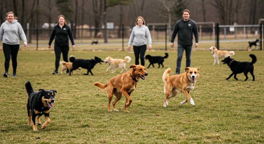 A happy dog playing with other dogs at a park