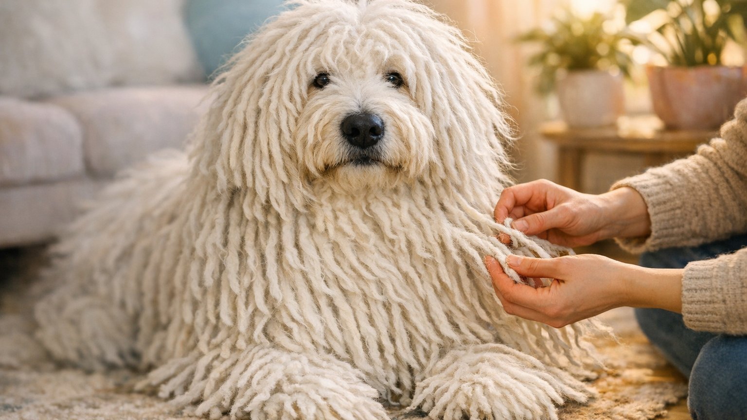 A Komondor dog showcasing its iconic corded coat and dreadlocks outdoors