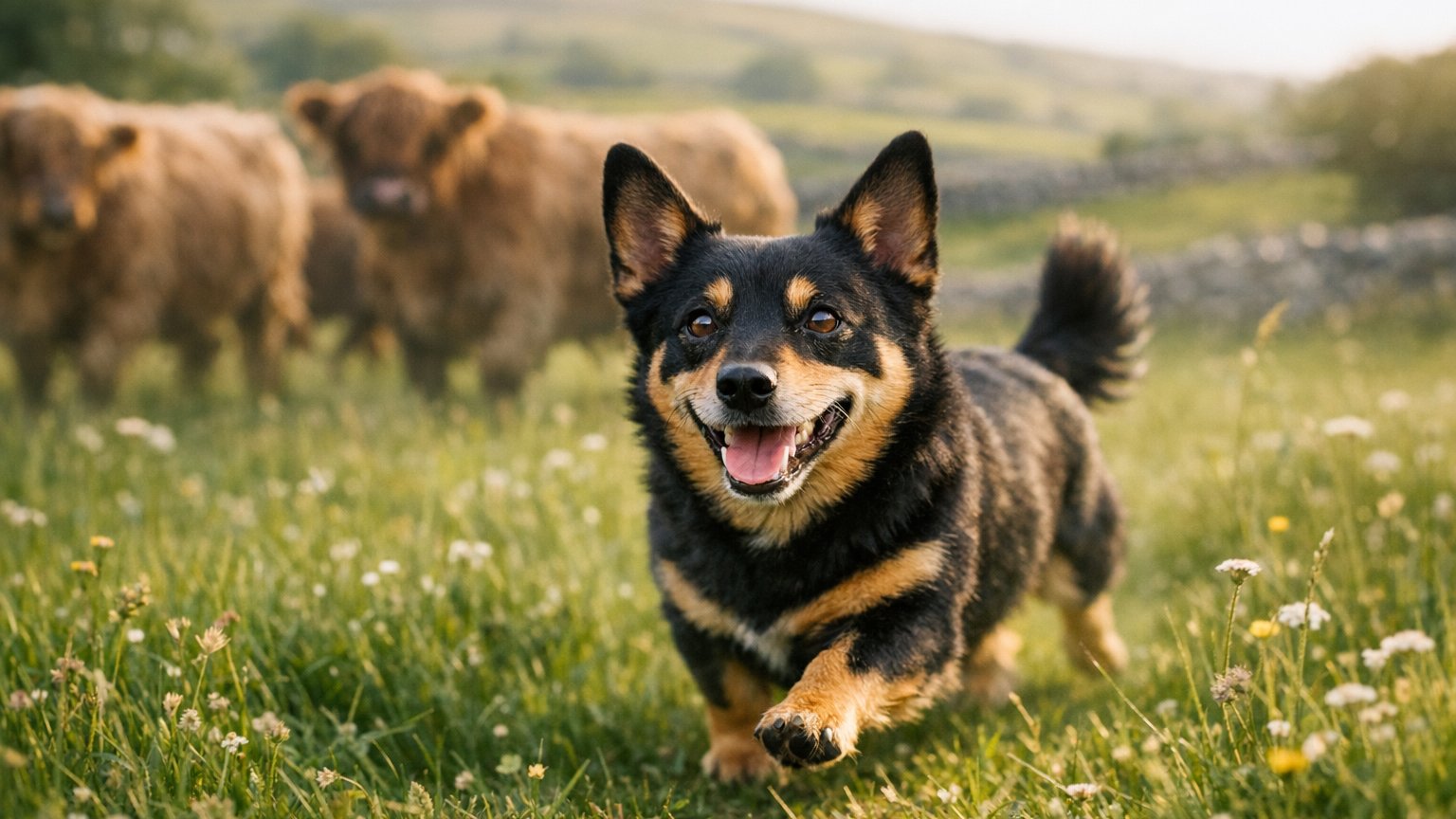 Lancashire Heeler standing alert outdoors, showcasing the compact herding dog breed featured by Woof