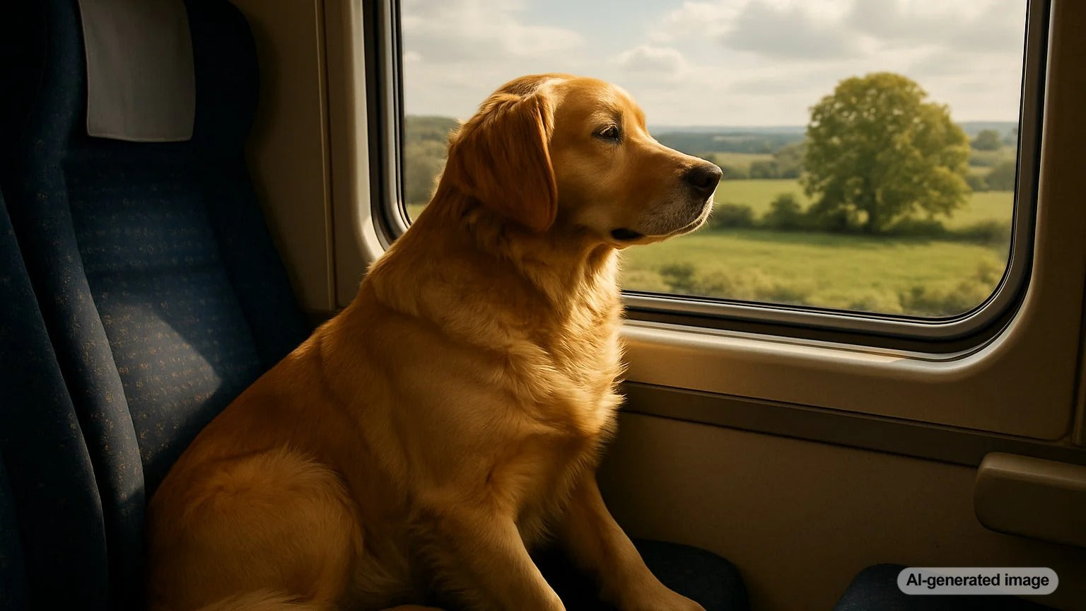Dog riding on a train looking out the window across a long distance journey