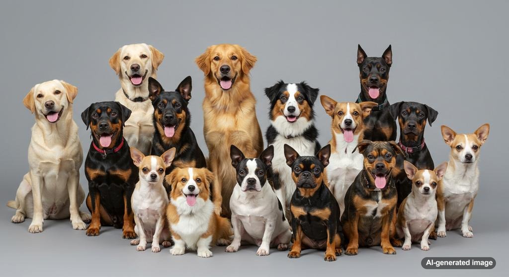 A collage of adaptable dog breeds including Labrador Retriever, Golden Retriever, Poodle, French Bulldog, Whippet, and Chihuahua