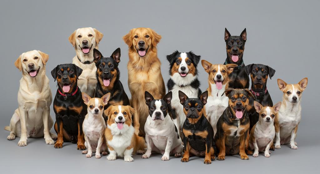A collage of adaptable dog breeds including Labrador Retriever, Golden Retriever, Poodle, French Bulldog, Whippet, and Chihuahua