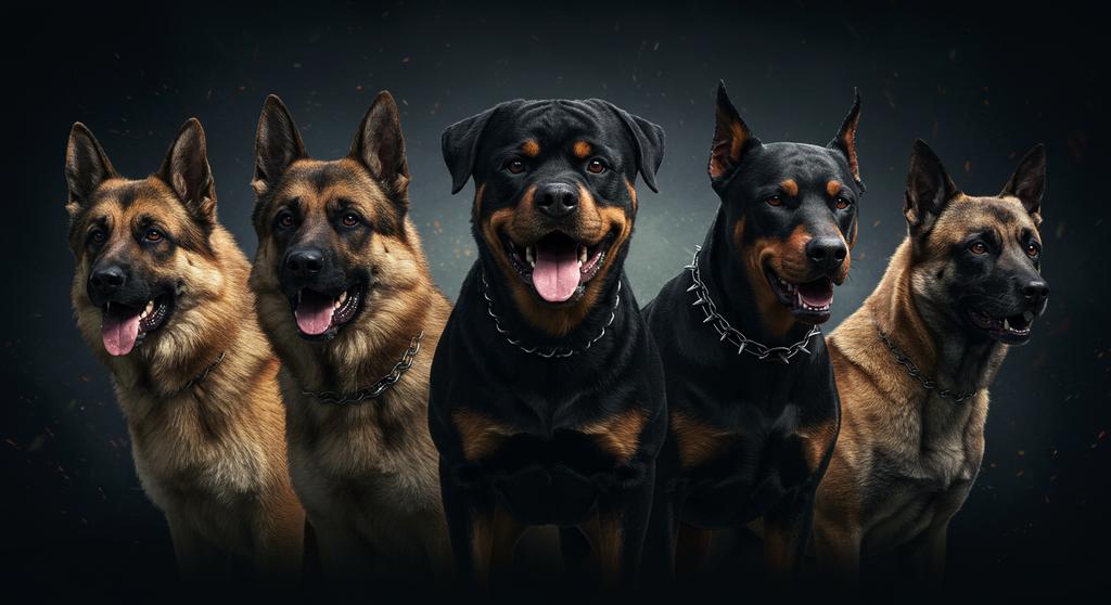 Various protective dog breeds including German Shepherd, Rottweiler, and Doberman Pinscher