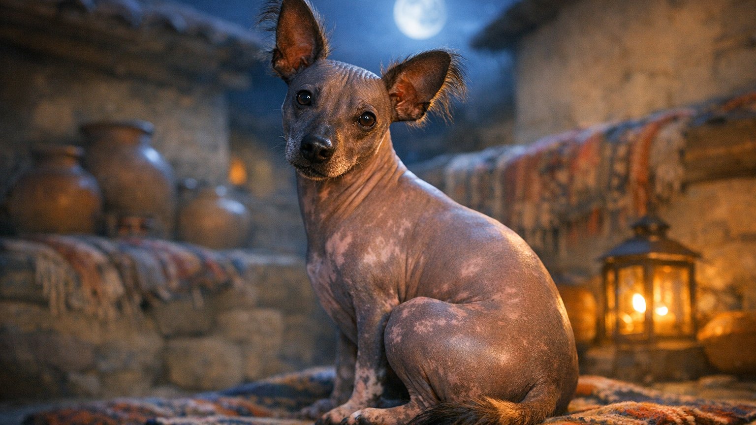 Peruvian Inca Orchid dog showcasing smooth moonlit hairless skin in a calm setting