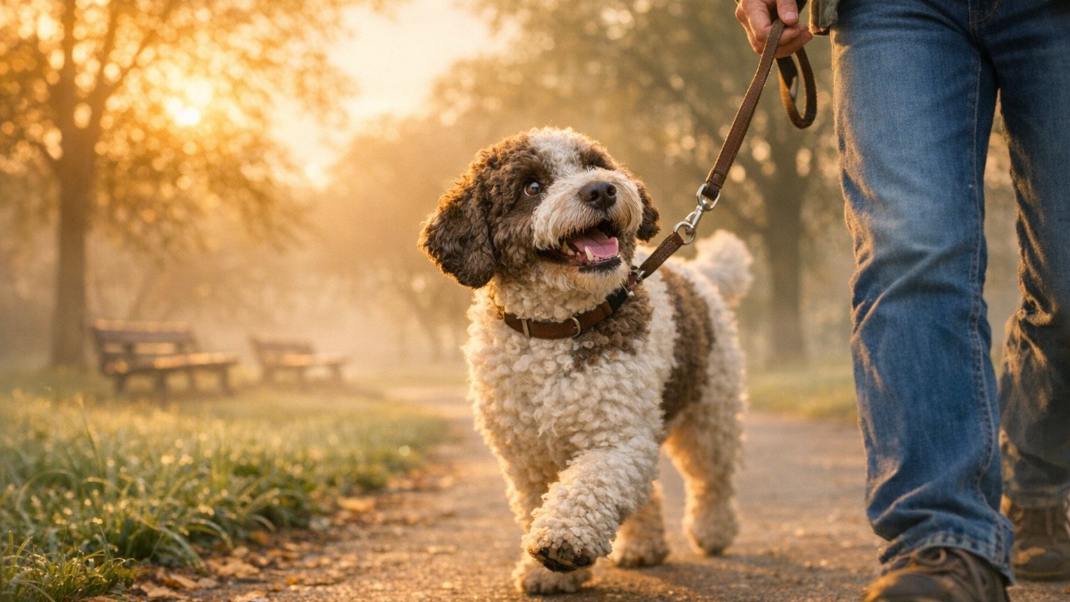 Dog and owner enjoying a calm daily walk together highlighting the psychological benefits of routine for both human and dog