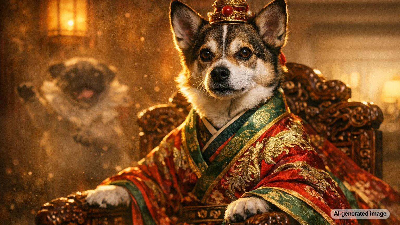 A playful pug representing the journey from Chinese royalty to modern-day clown
