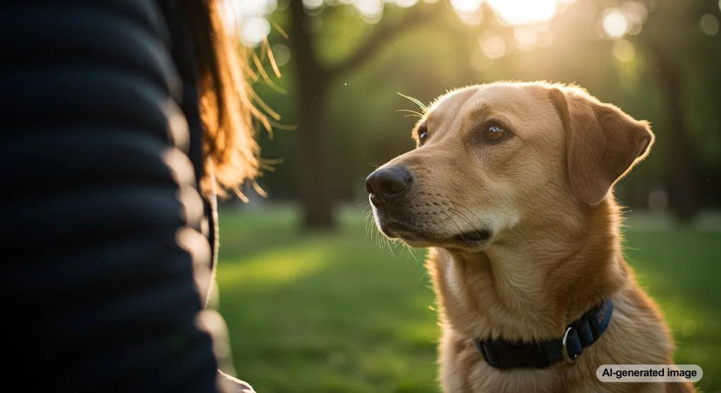 A dog gazing lovingly at its owner, exemplifying the deep bond and loyalty between them.