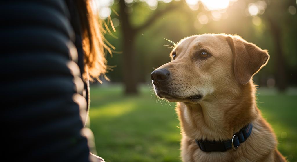 A dog gazing lovingly at its owner, exemplifying the deep bond and loyalty between them.