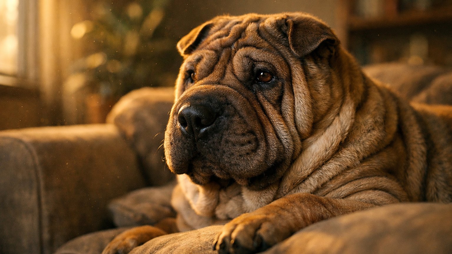 Shar-Pei dog showcasing iconic facial wrinkles while relaxing comfortably