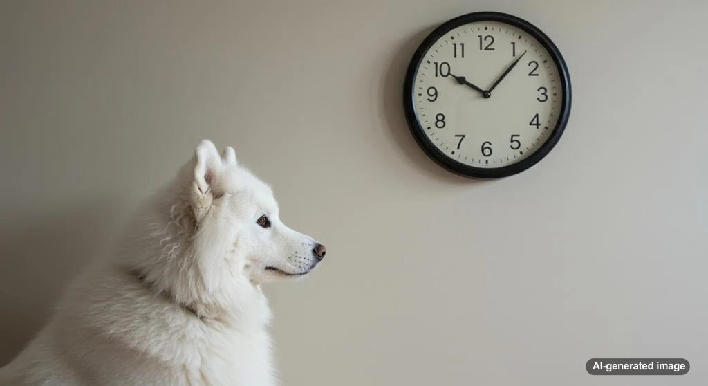 Dog with clock, illustrating the concept of dogs' sense of time