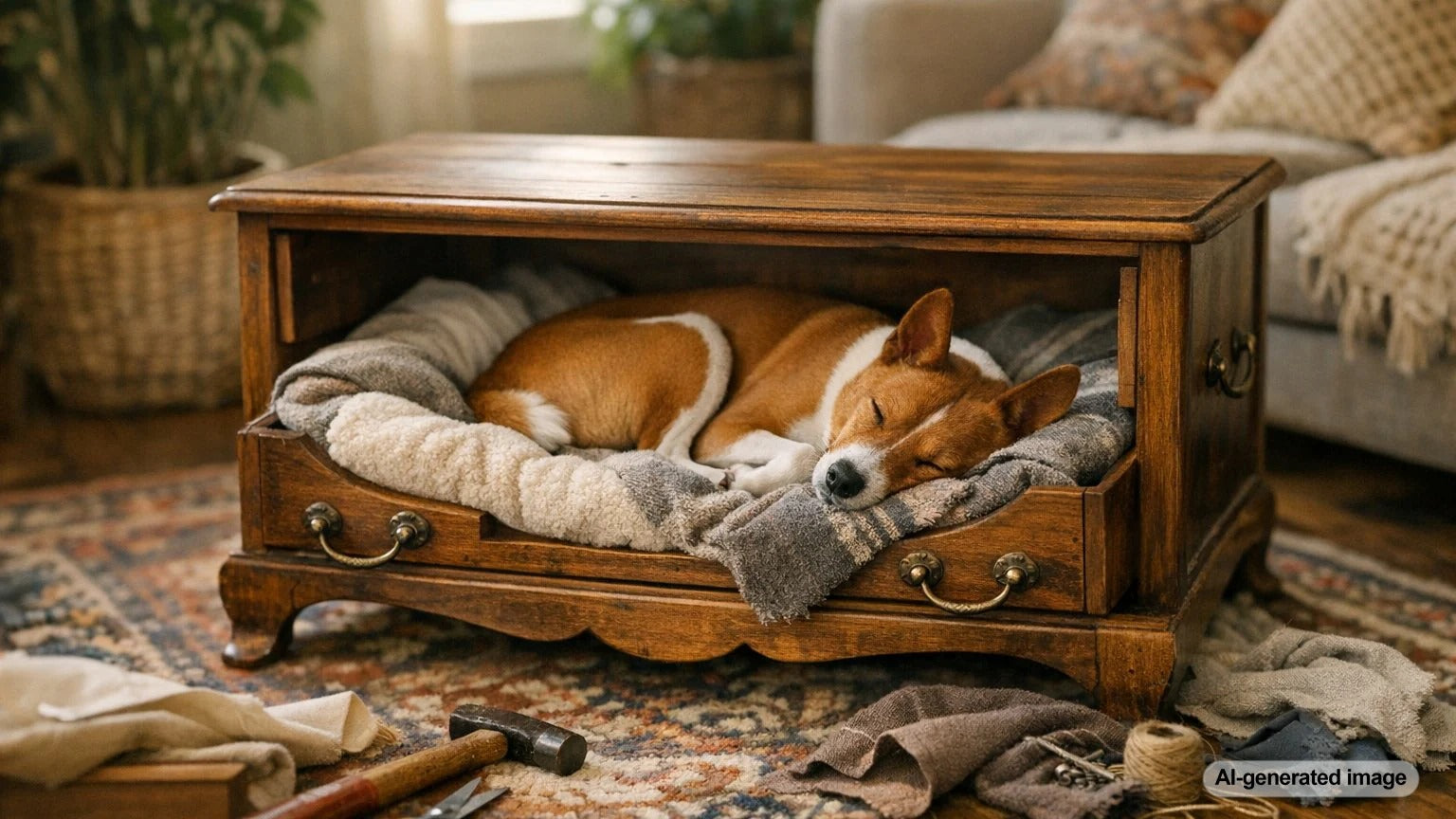 Upcycled furniture transformed into a cozy dog bed in a stylish home setting