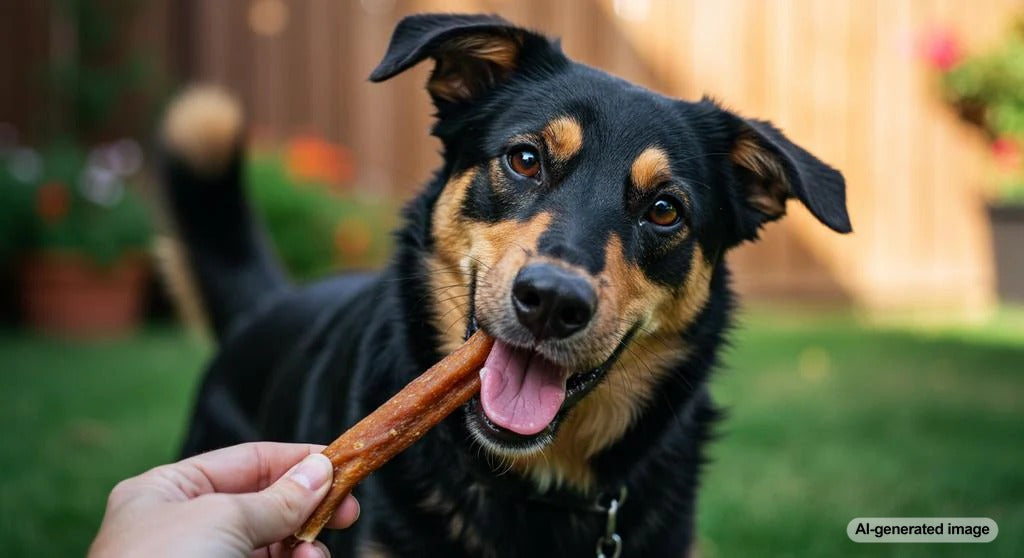 Dog enjoying a bully stick chew
