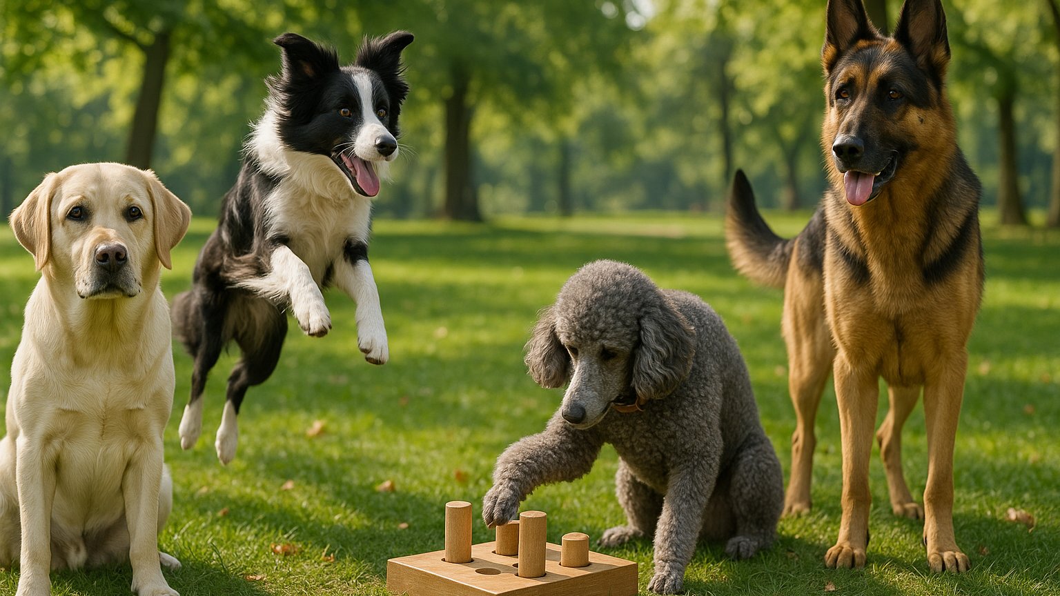 Happy dog head tilt and tail wagging in backyard