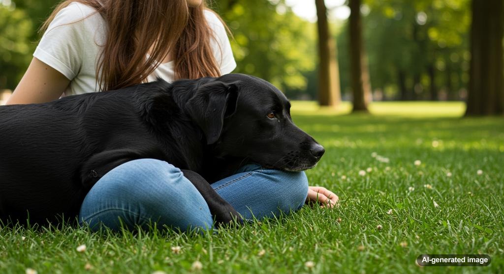Dog resting head on owner's lap