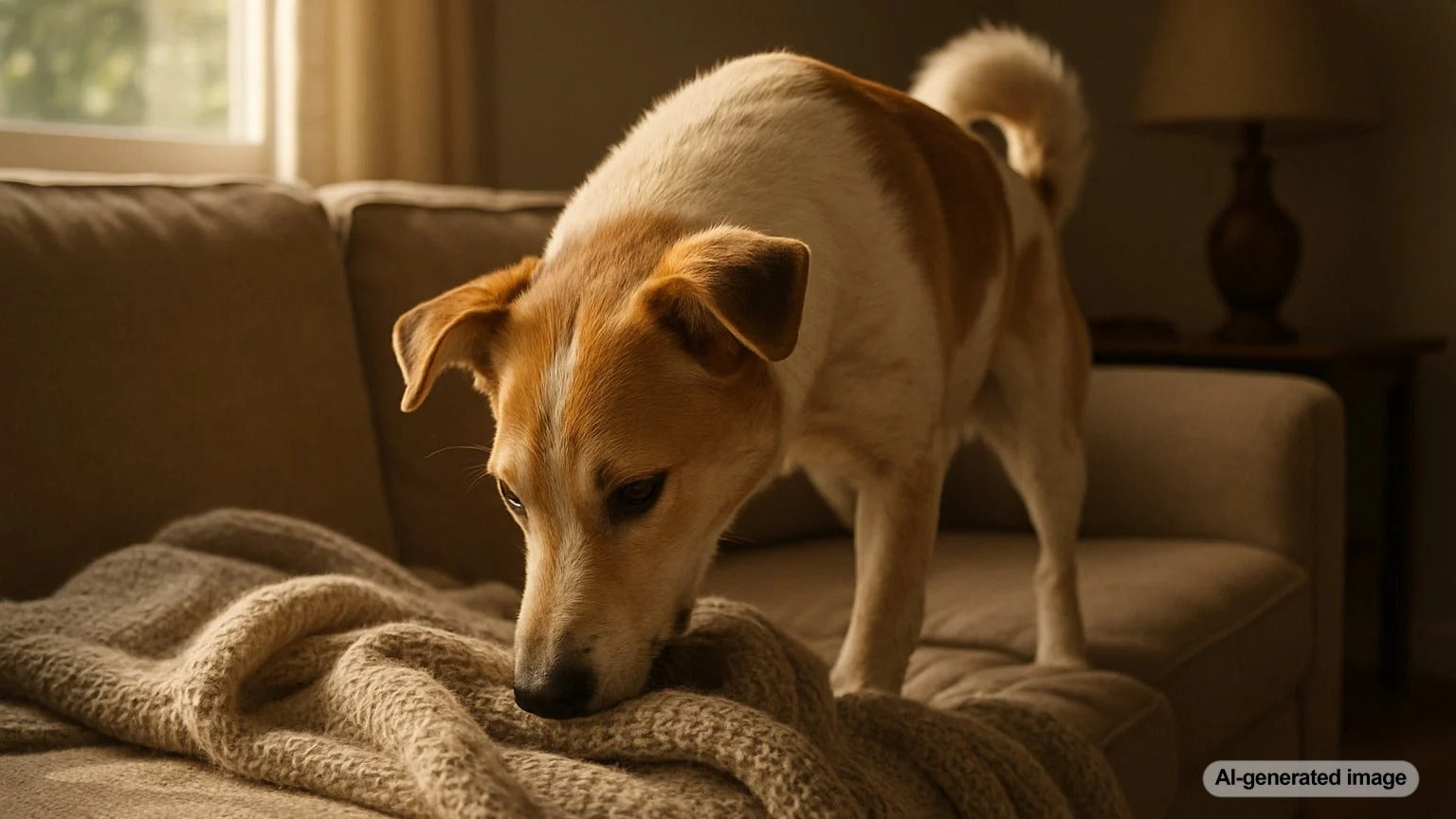 Dog peacefully nooking a soft blanket at home