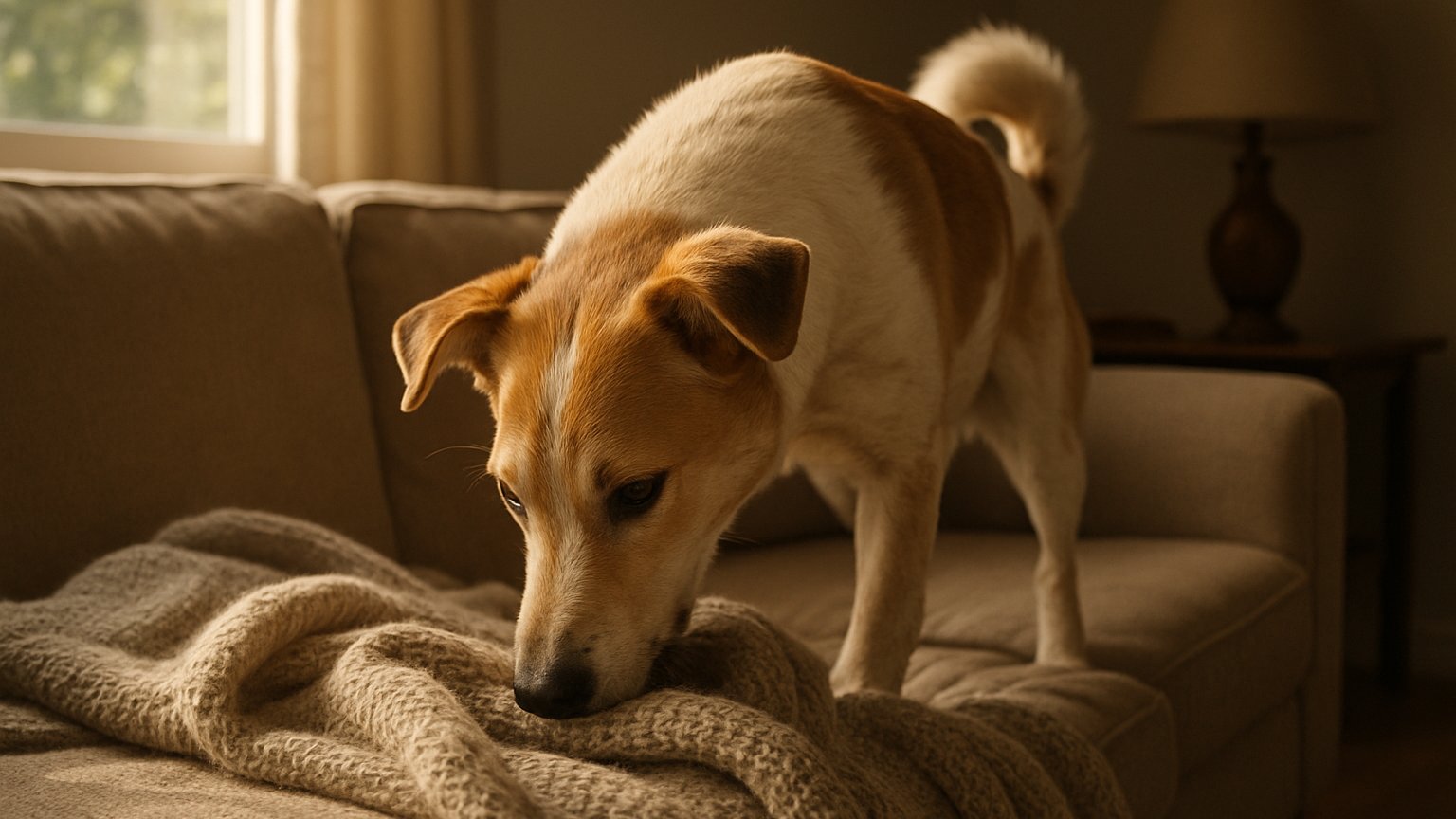 Dog peacefully nooking a soft blanket at home