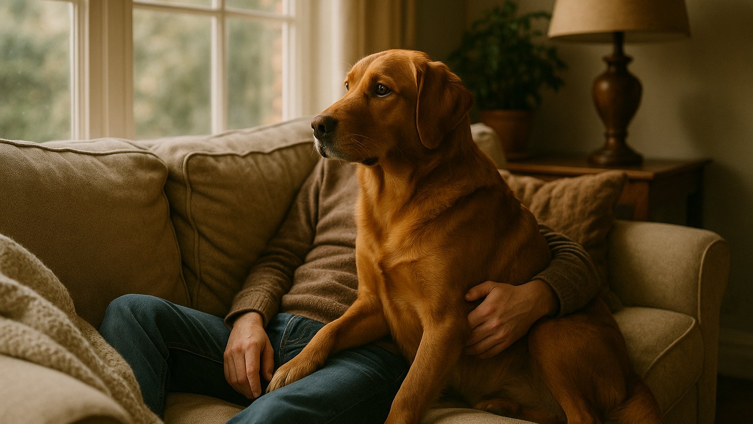 Cute dog following owner showing clingy behavior