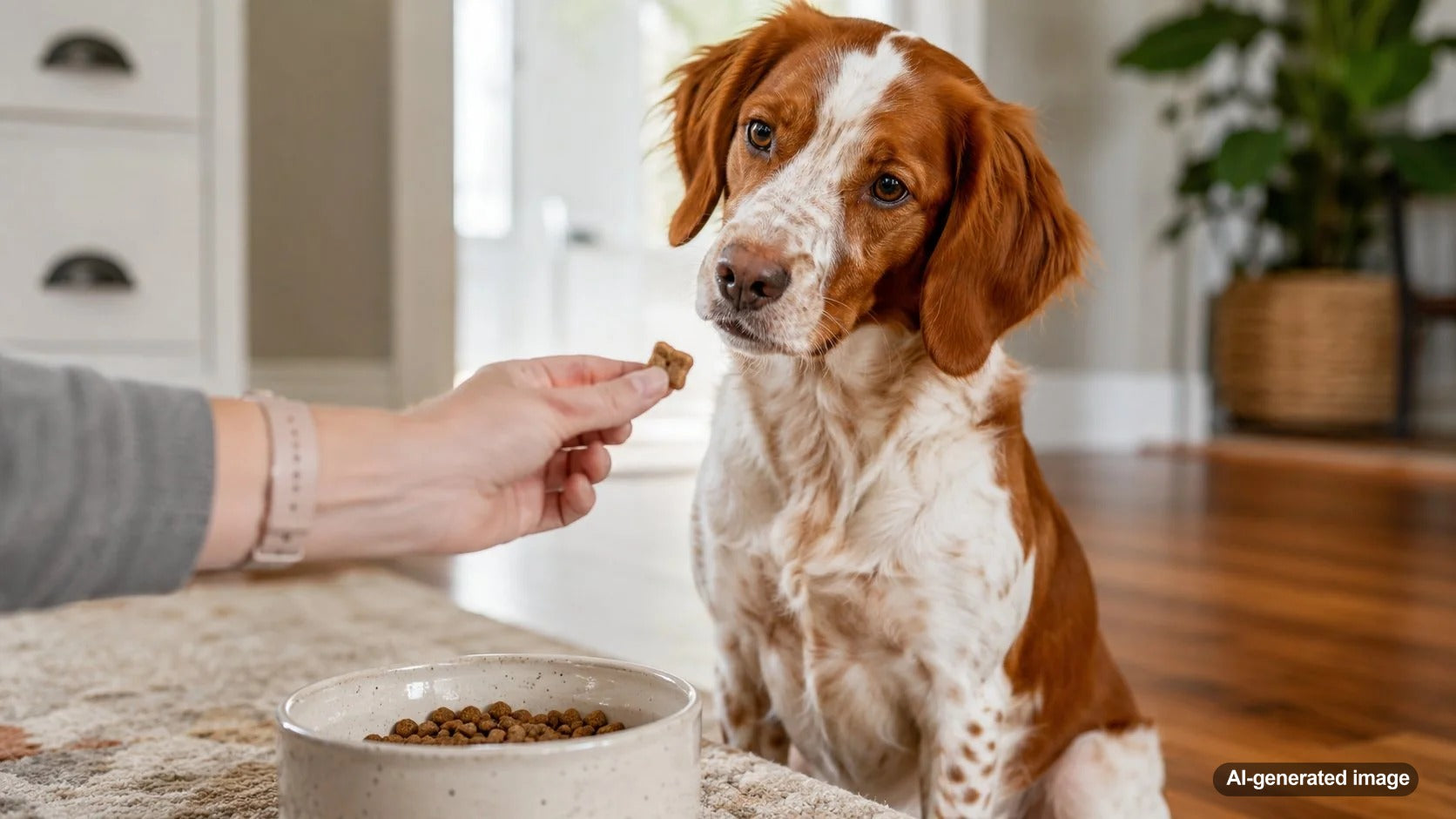 Dog looking toward treats while leaving regular food untouched in a bowl