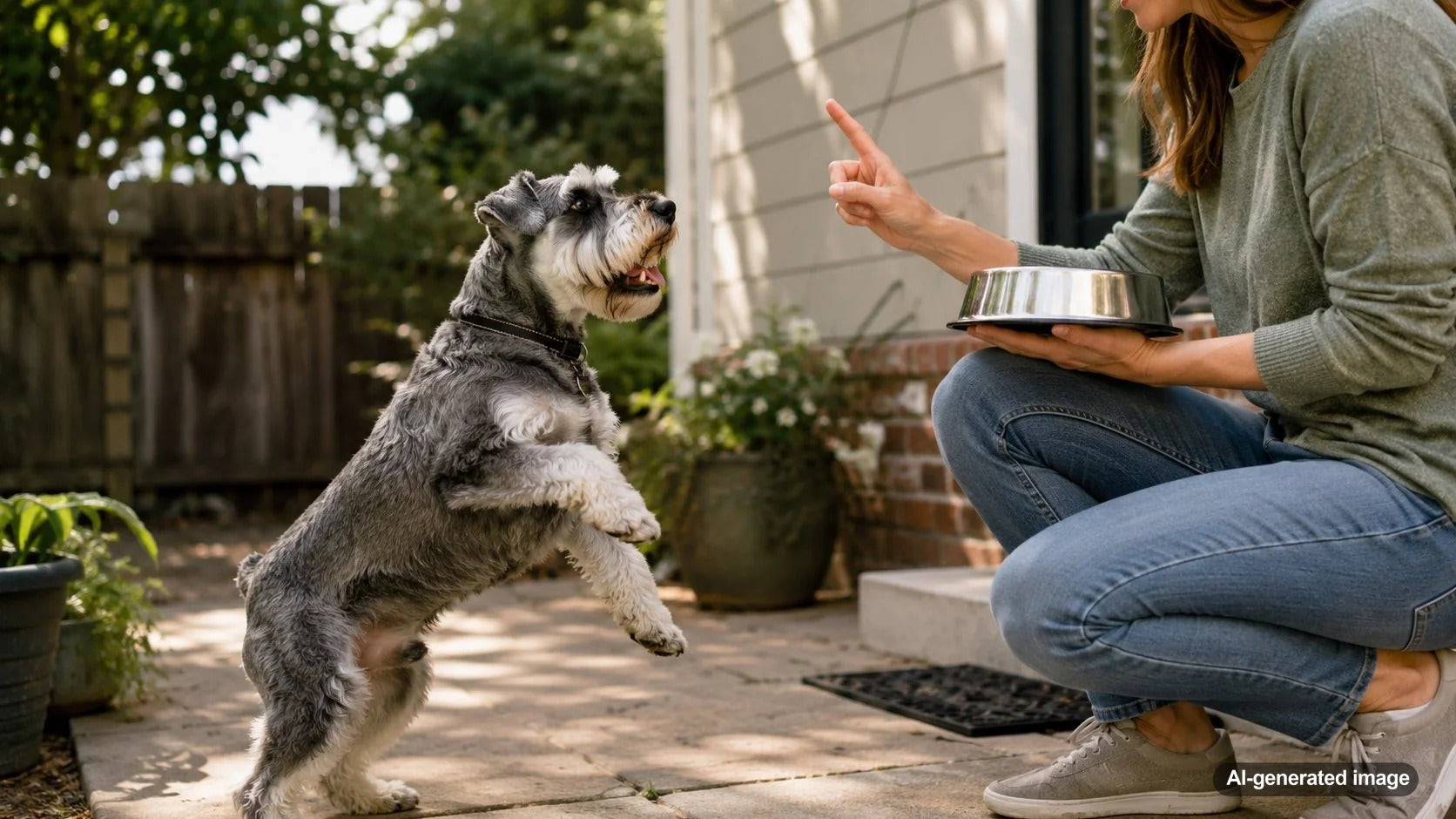 Excited dog learning to wait calmly before dinner is served