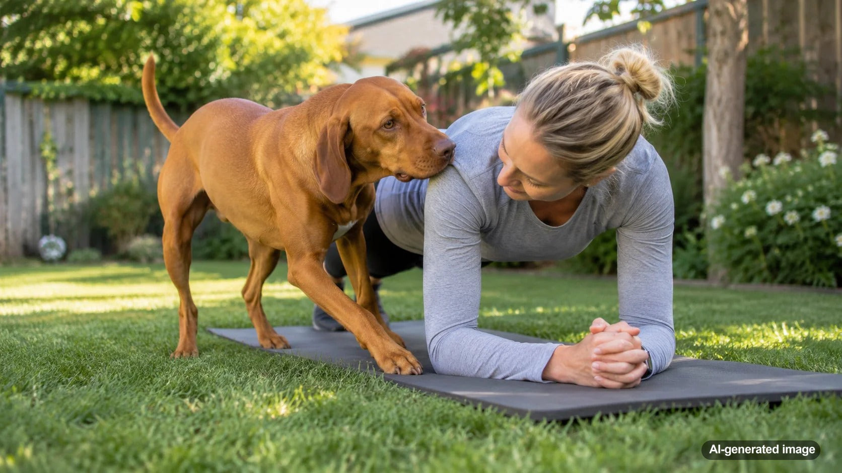 Dog interrupting a home workout while a pet parent exercises on a mat