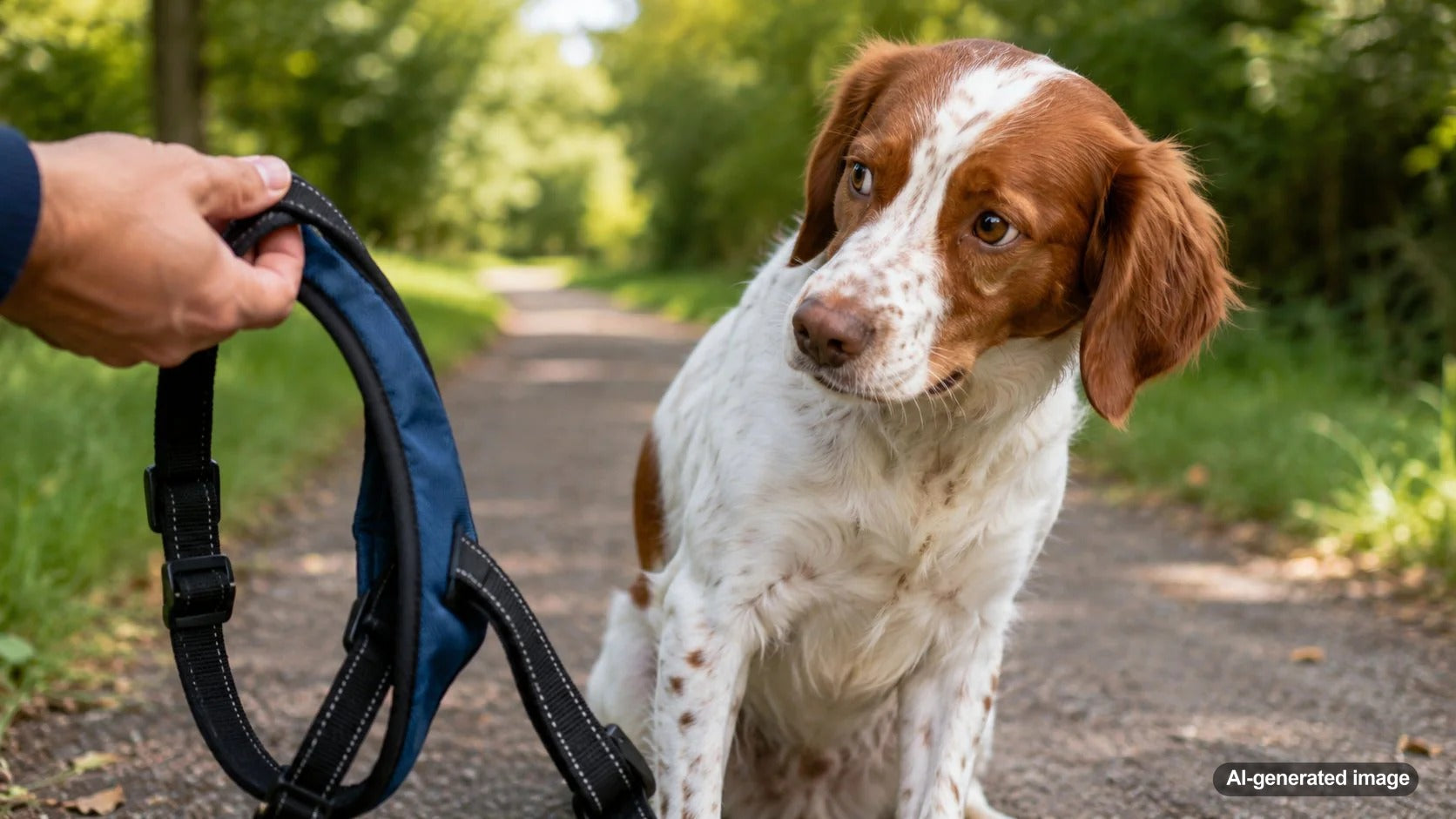 Dog calmly practicing harness training with treats before a walk