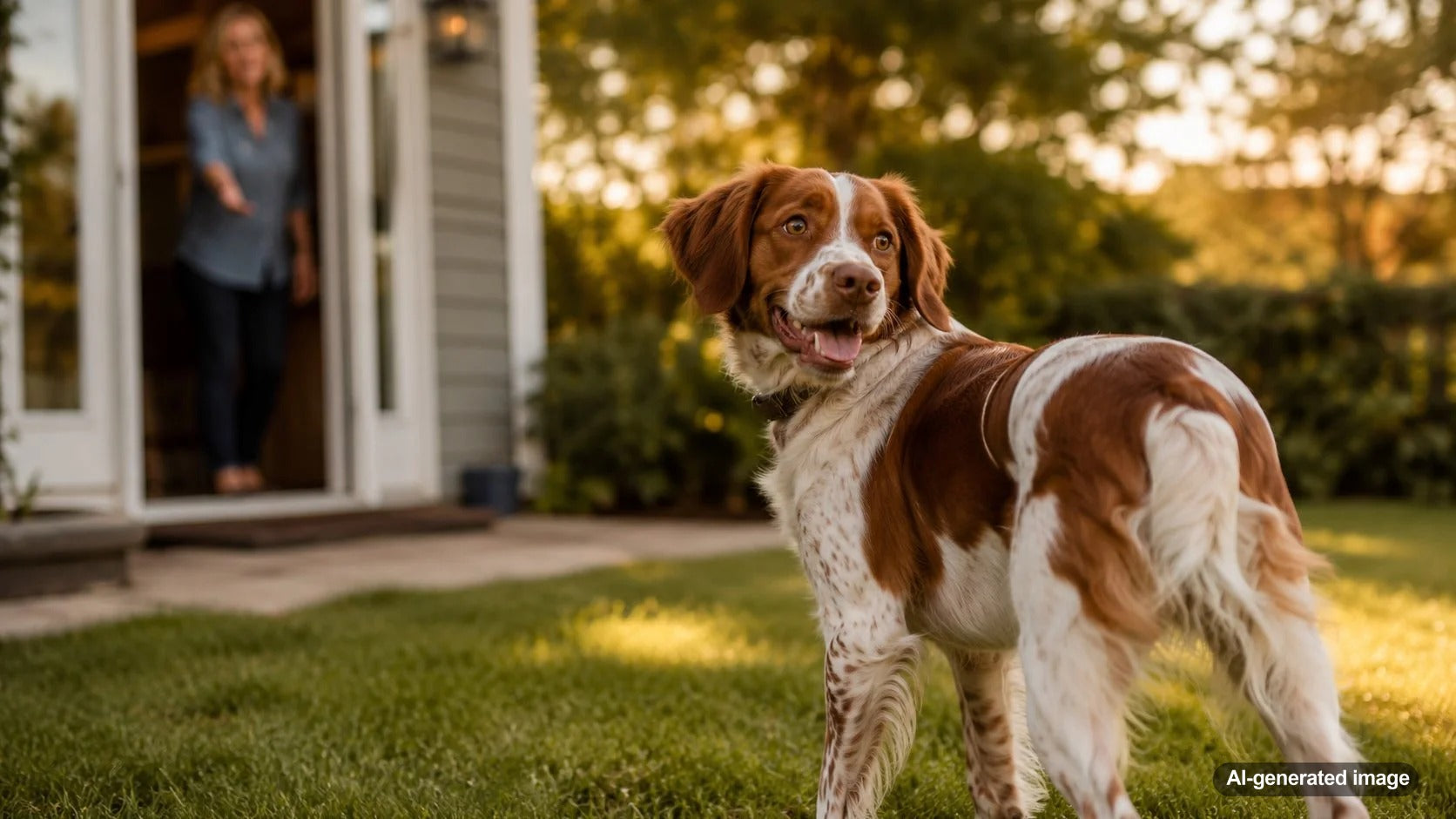 Dog lingering in a grassy backyard while its owner encourages it to come inside