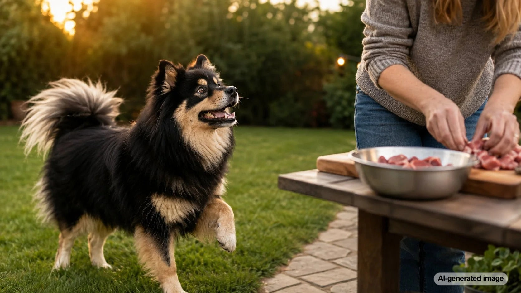 Dog watching attentively as its owner prepares dinner in the kitchen