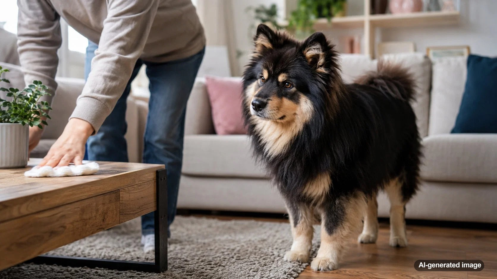 Curious dog calmly supervising a household chore from a safe spot nearby