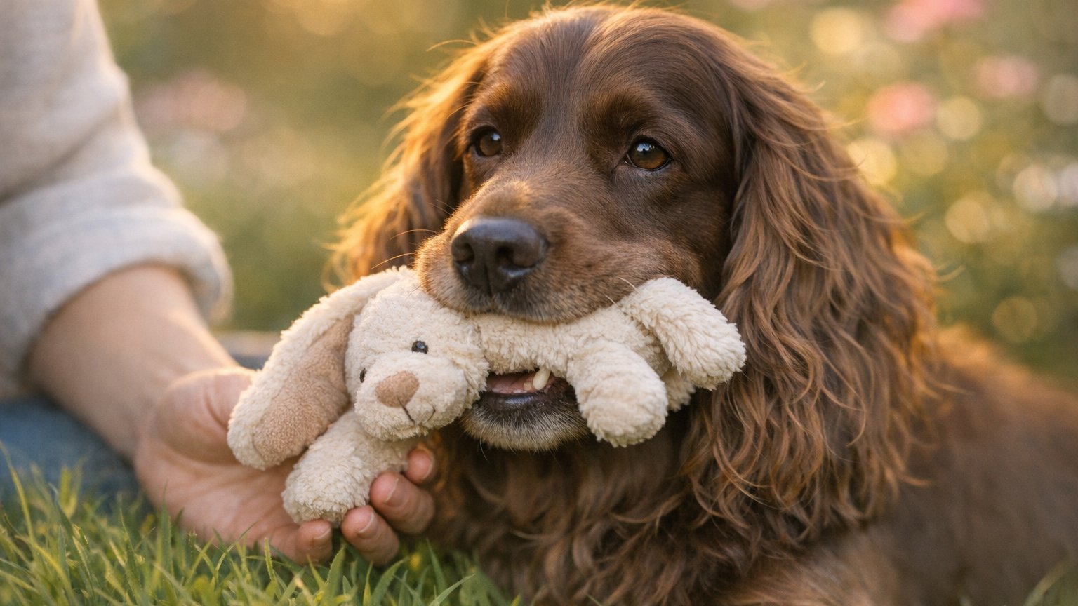 Field Spaniel training with gentle persuasion and soft mouth techniques using Woof enrichment toys