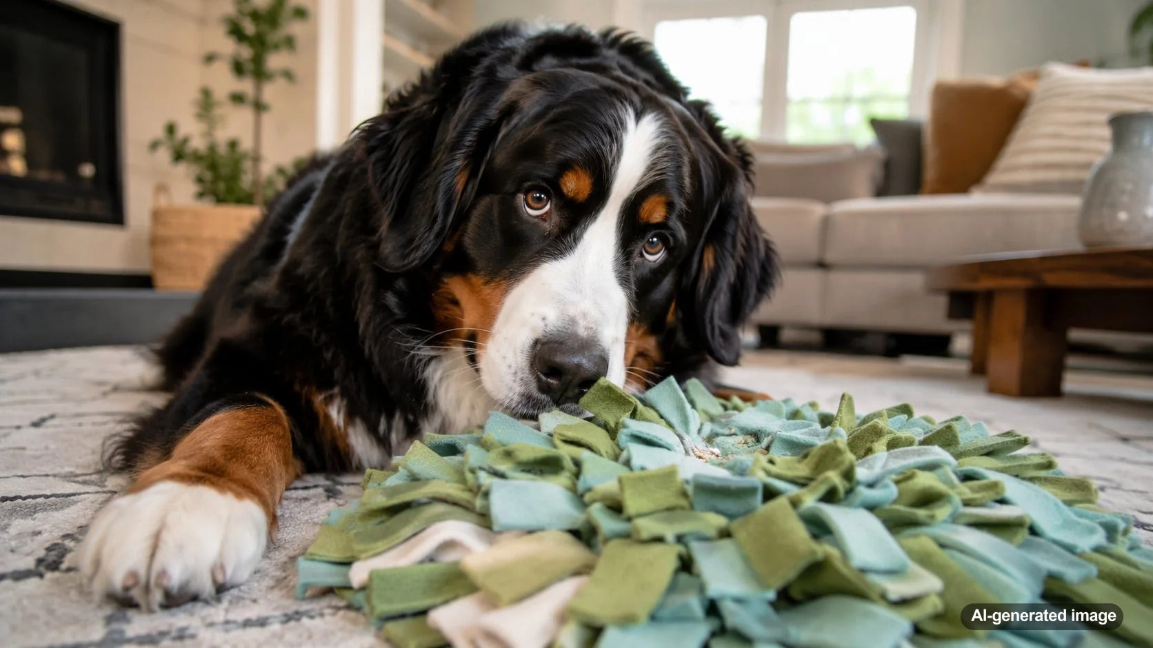 Bernese Mountain Dog enjoying gentle enrichment designed for a large body